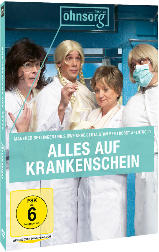 DVD-Cover eines deutschen Theaterstücks mit vier Personen in weißen Mänteln. Text: Alles auf Krankenschein. FSK 6-Bewertung.