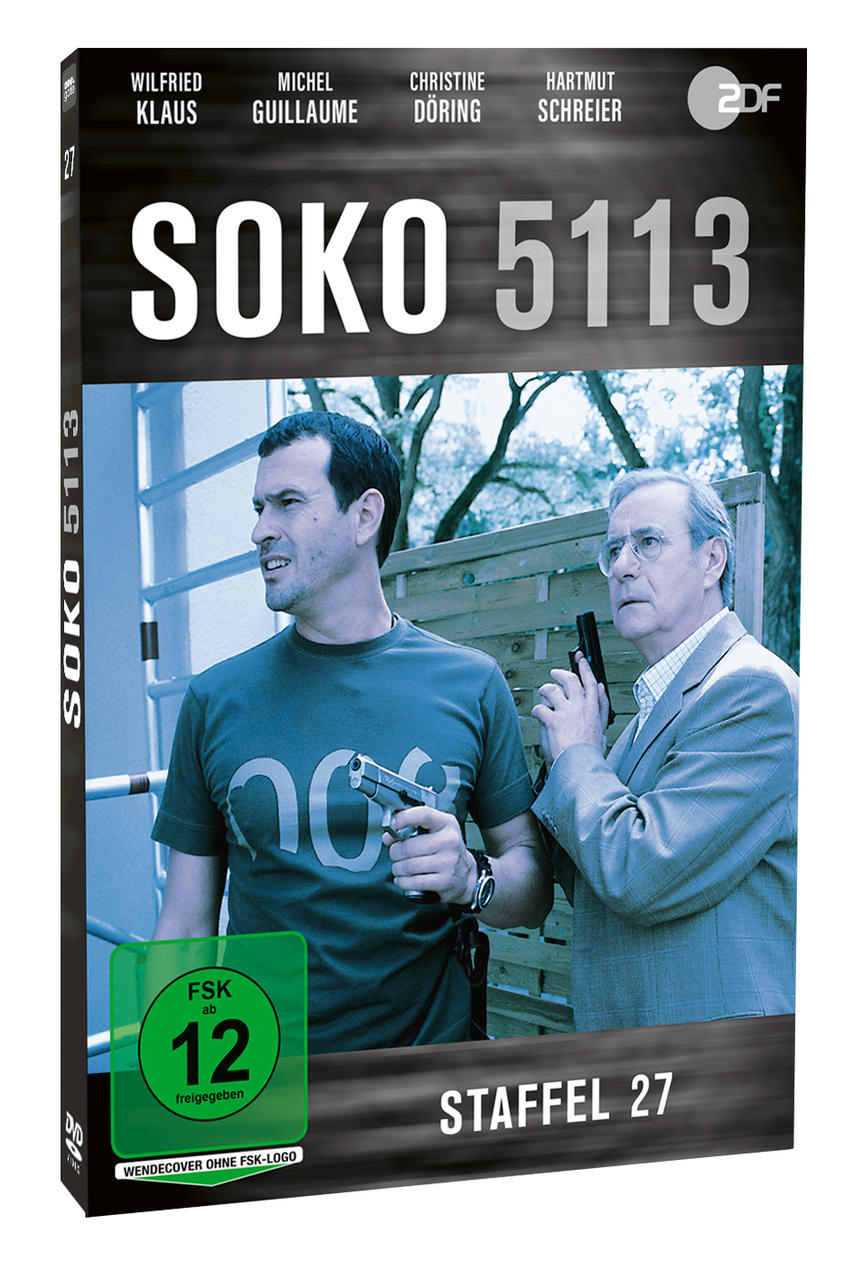 DVD-Cover von SOKO 5113. Zwei Männer mit Waffen vor einem Gebäude. Titel und Besetzung sind sichtbar.