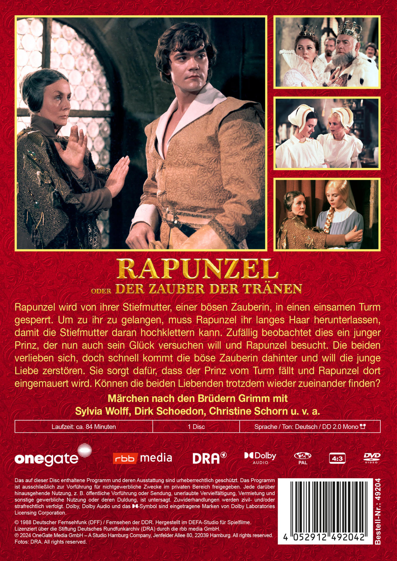 DVD-Cover für „Rapunzel“, mit Schauspielern und einer Szene aus dem Film.