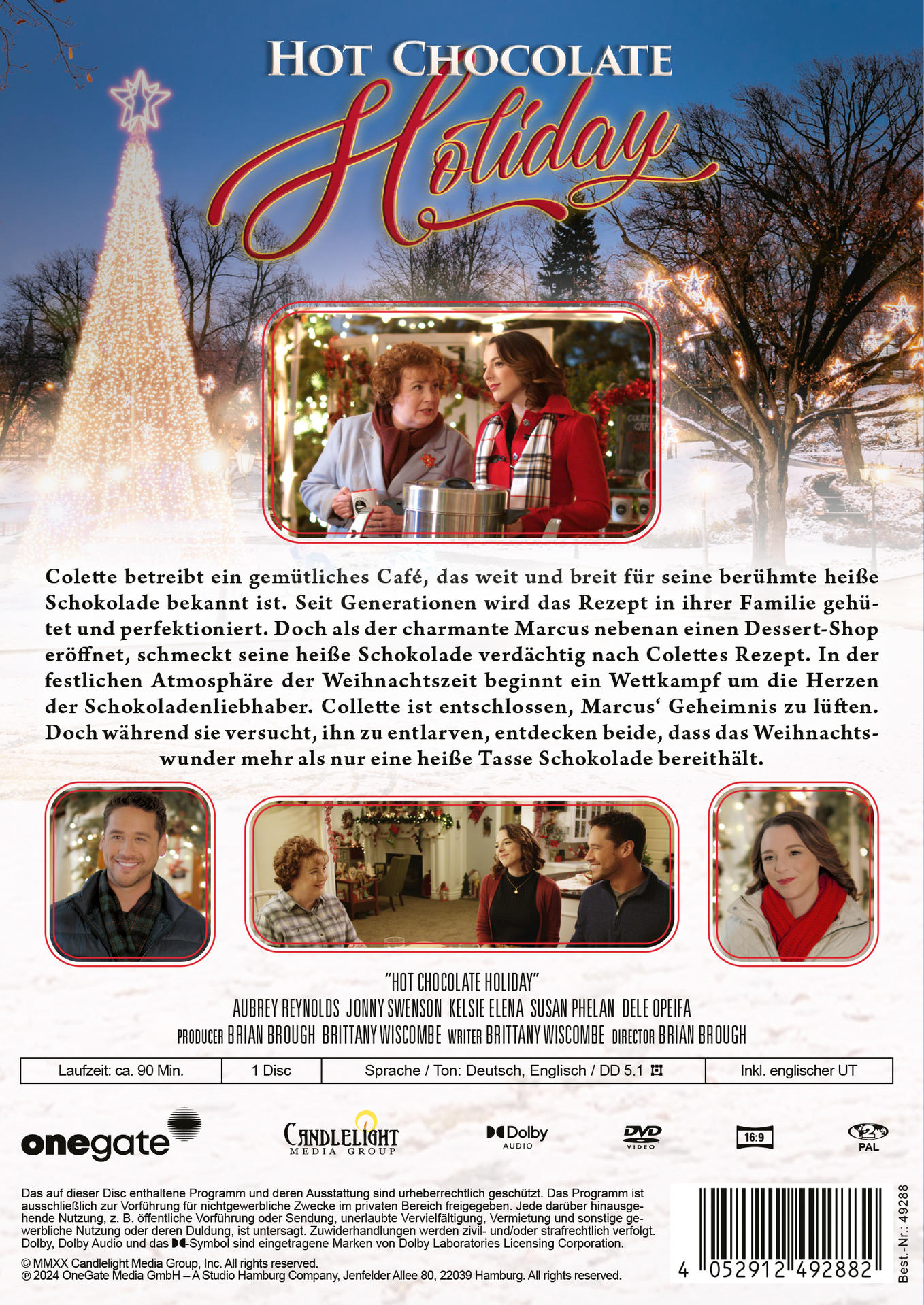 Filmcover. Weihnachtsfilm-Poster mit Baum und Leuten. Titel: 'Hot Chocolate Holiday'.