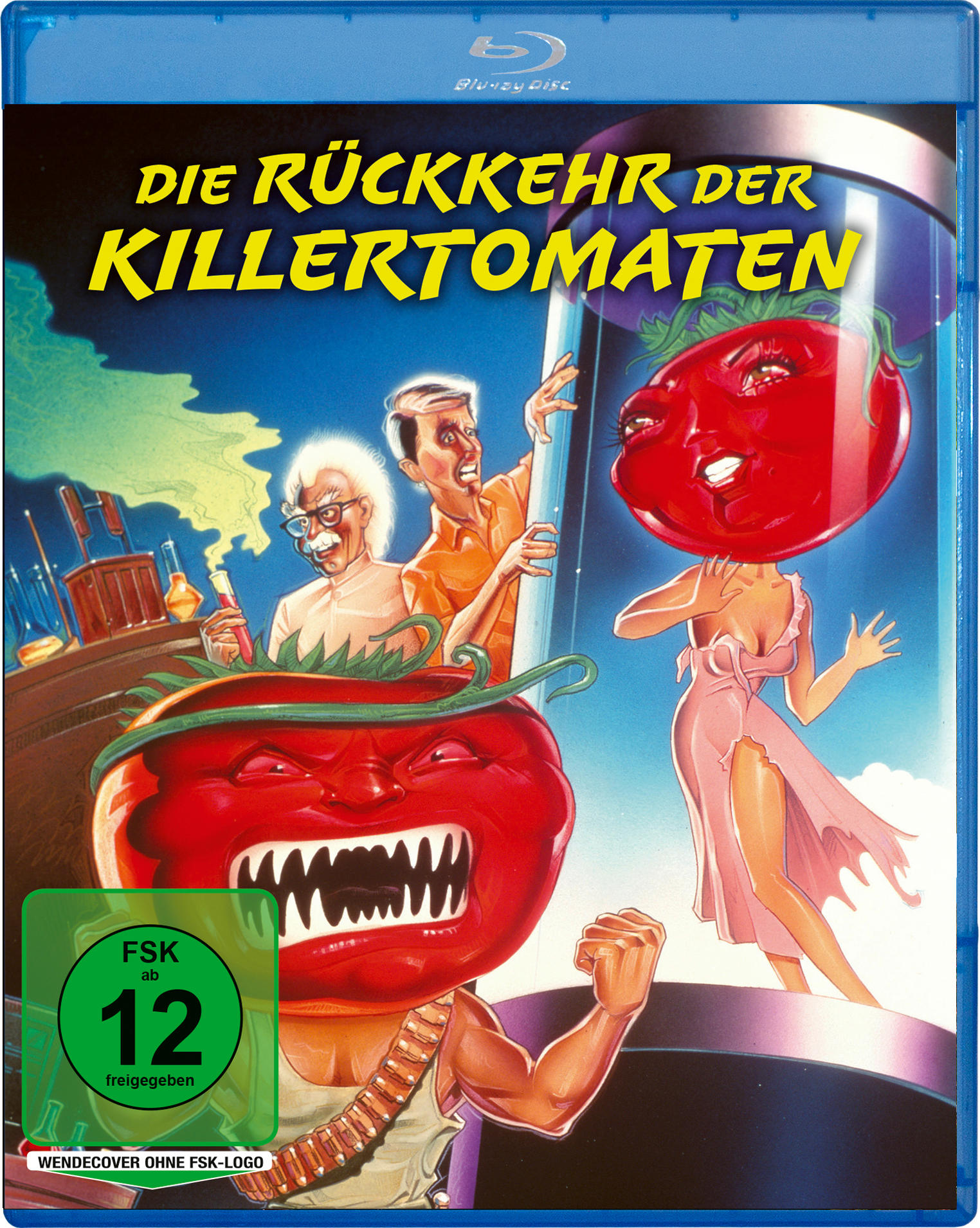 Filmcover für Die Rückkehr der Killertomaten. Eine Tomate mit Zähnen auf einer Frau.