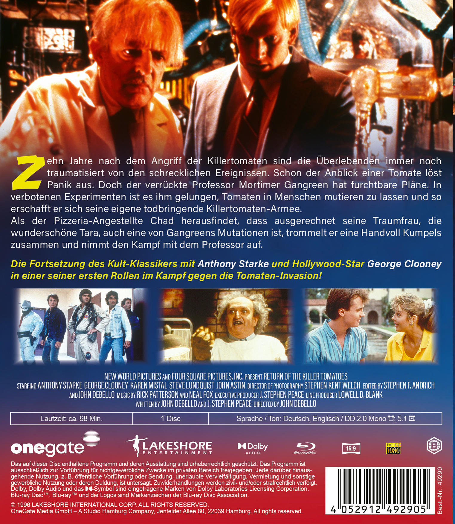 DVD-Cover mit zwei Männern. Text: Return of the Killer Tomatoes. Sci-Fi-Thema