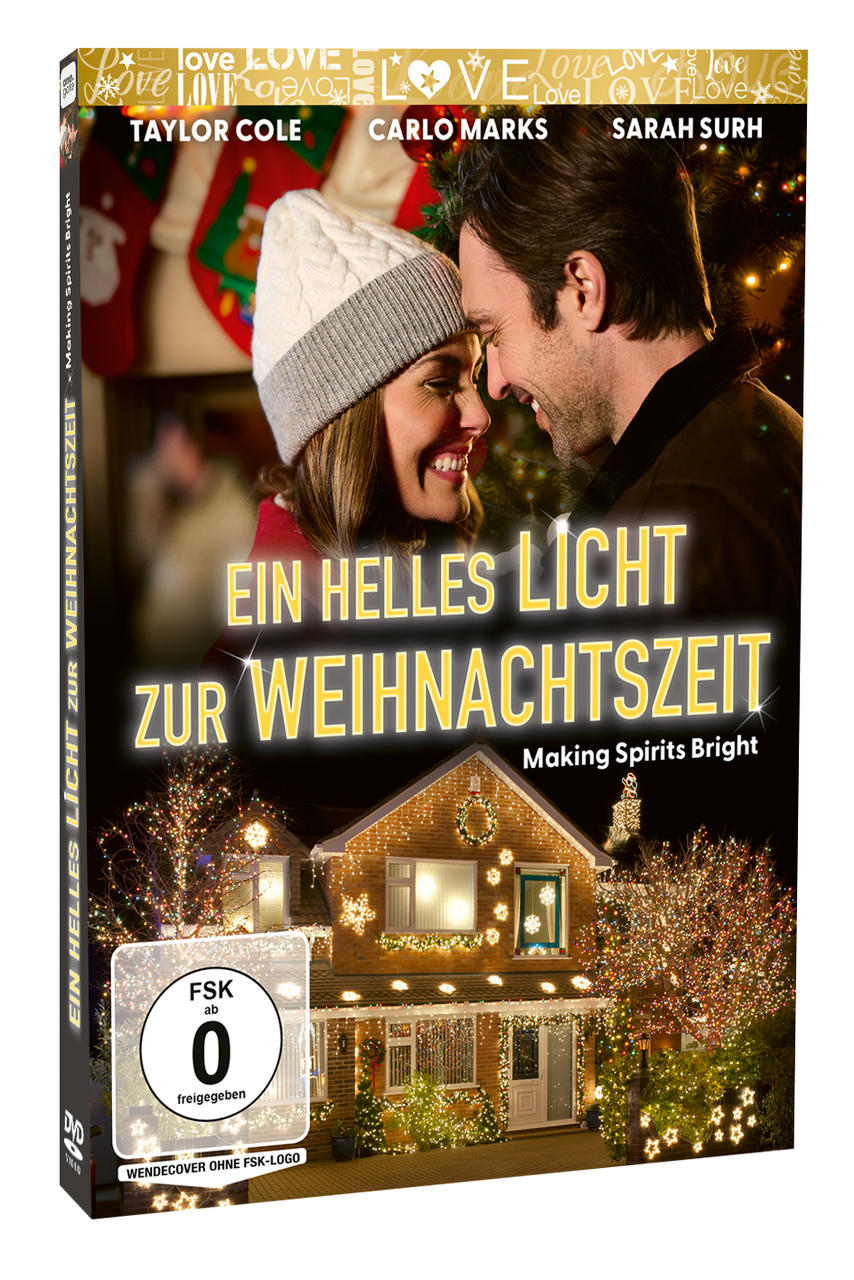 DVD-Cover mit Liebespaar, Weihnachtsbeleuchtung und einem Winterhaus.