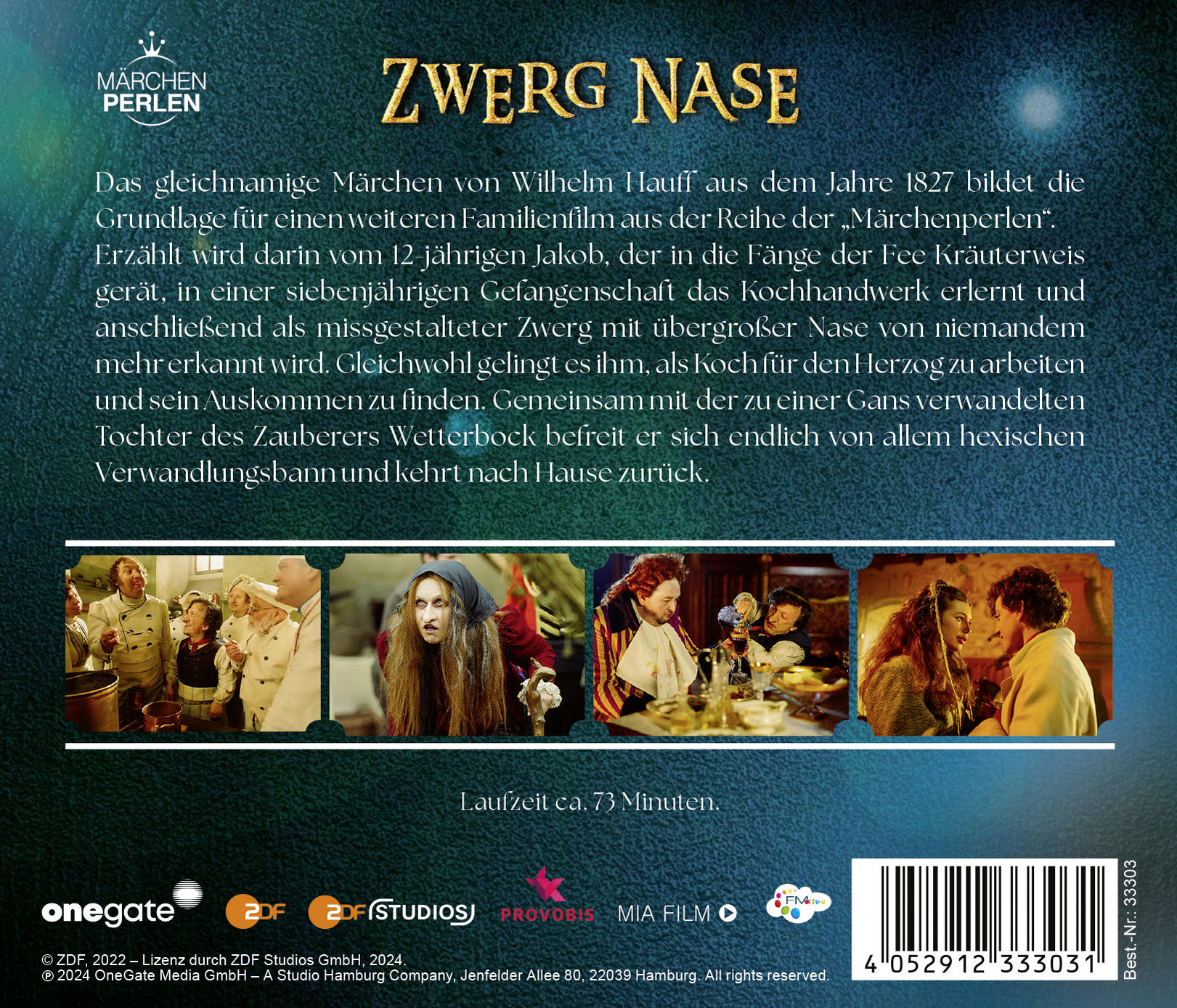 Die Rückseite einer Film-DVD-Hülle mit Text und Bildern. Der Film ist "Zwerg Nase".