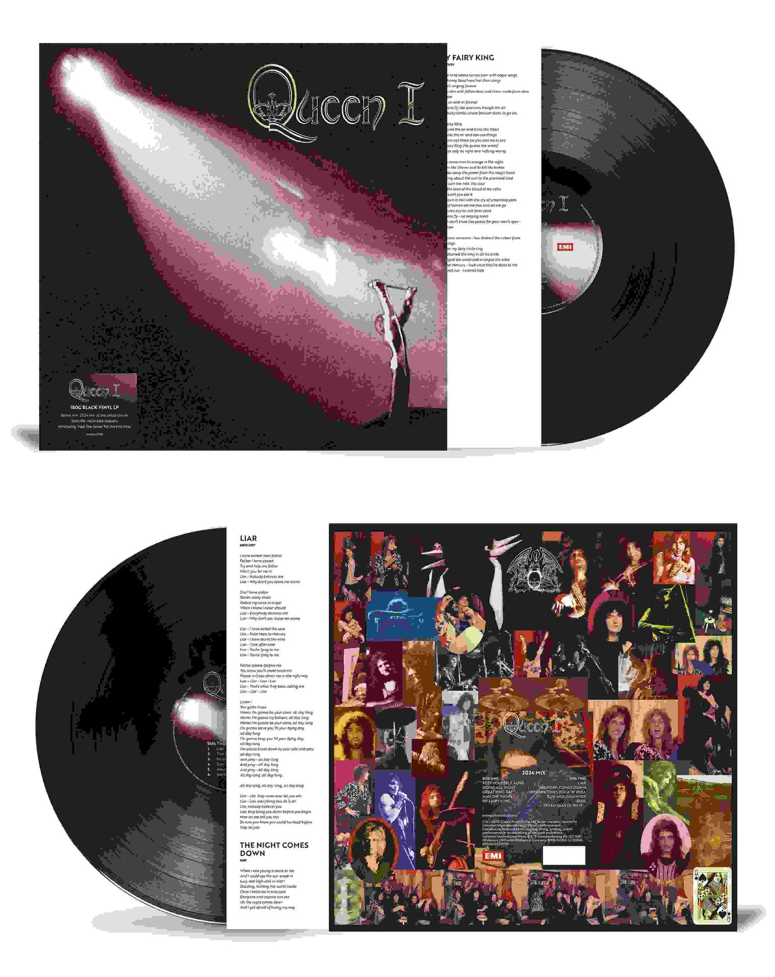 Albumcover und Innenseite einer Vinyl-Schallplatte, Queen's Album Queen I, schwarz und weiß.