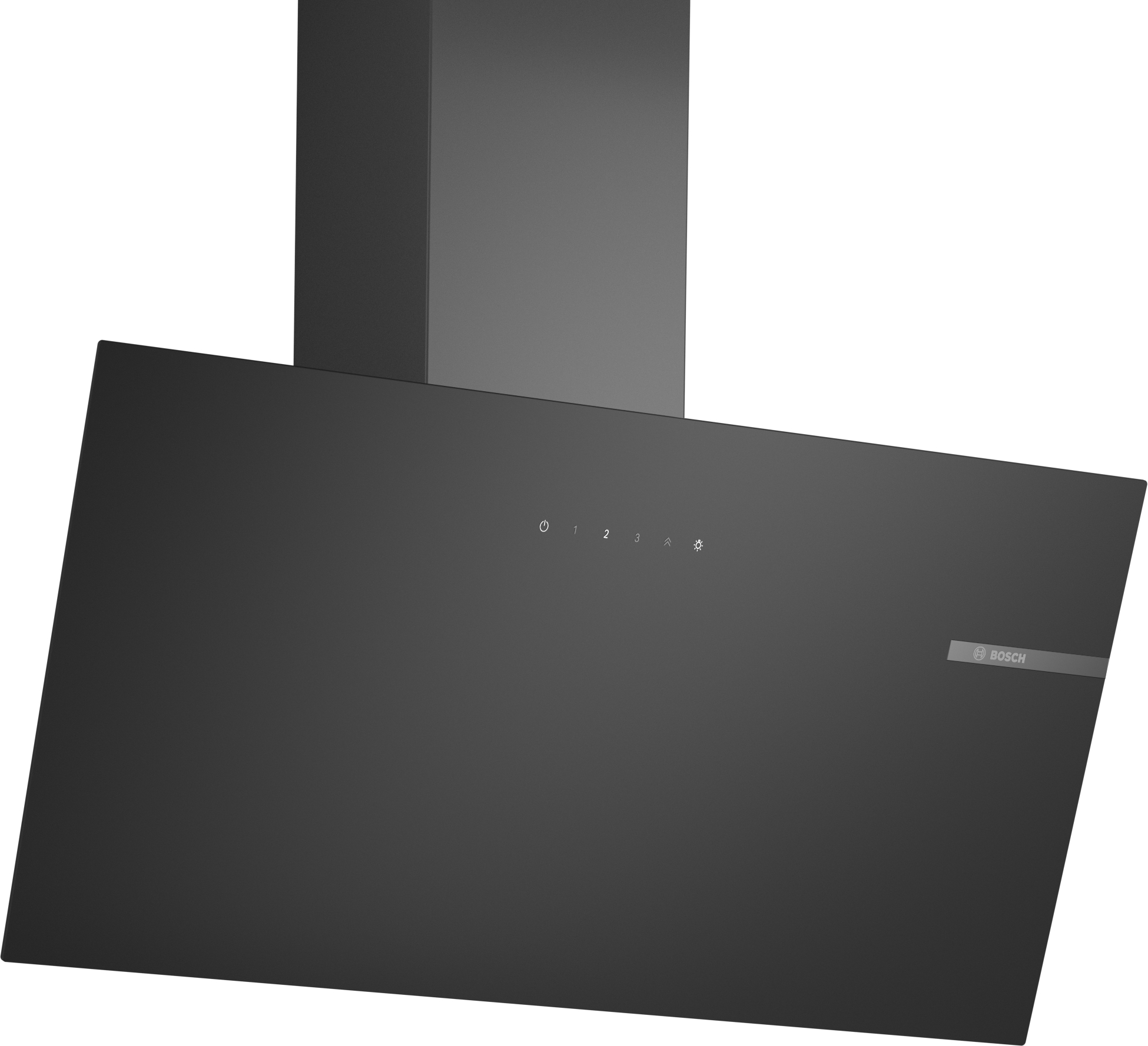 Eine schwarze Bosch-Dunstabzugshaube. Sie hat Steuertasten und ein Bosch-Logo. Die Haube ist an einer weißen Wand montiert.