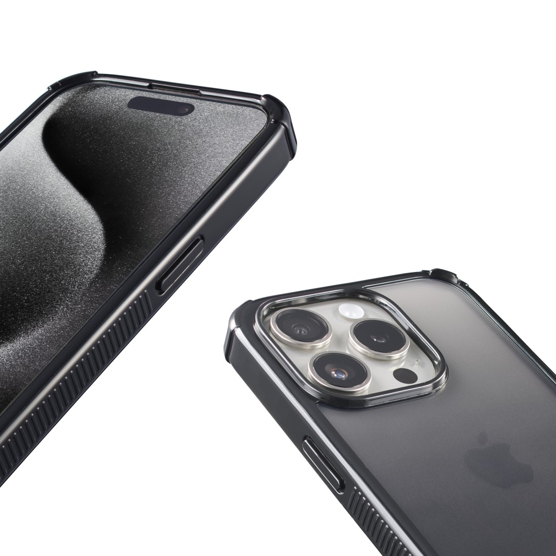 Nahaufnahme von zwei schwarzen iPhone-Hüllen auf weißem Hintergrund mit strukturierten Kanten.