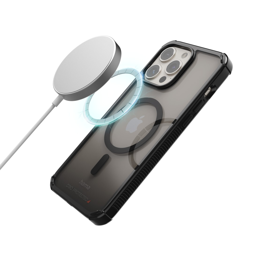 Ein Telefon mit durchsichtiger Hülle und einem magnetischen Ladegerät. Das Ladegerät ist weiß, die Hülle hat einen Ring.