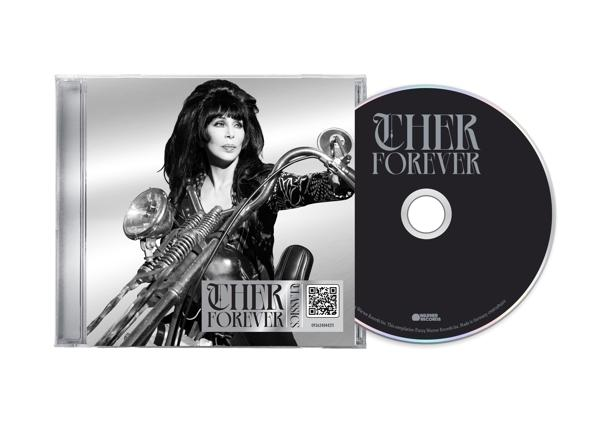 CD és tok: Cher Forever album. Cher motorral, fekete-fehér kép, fehér háttér.