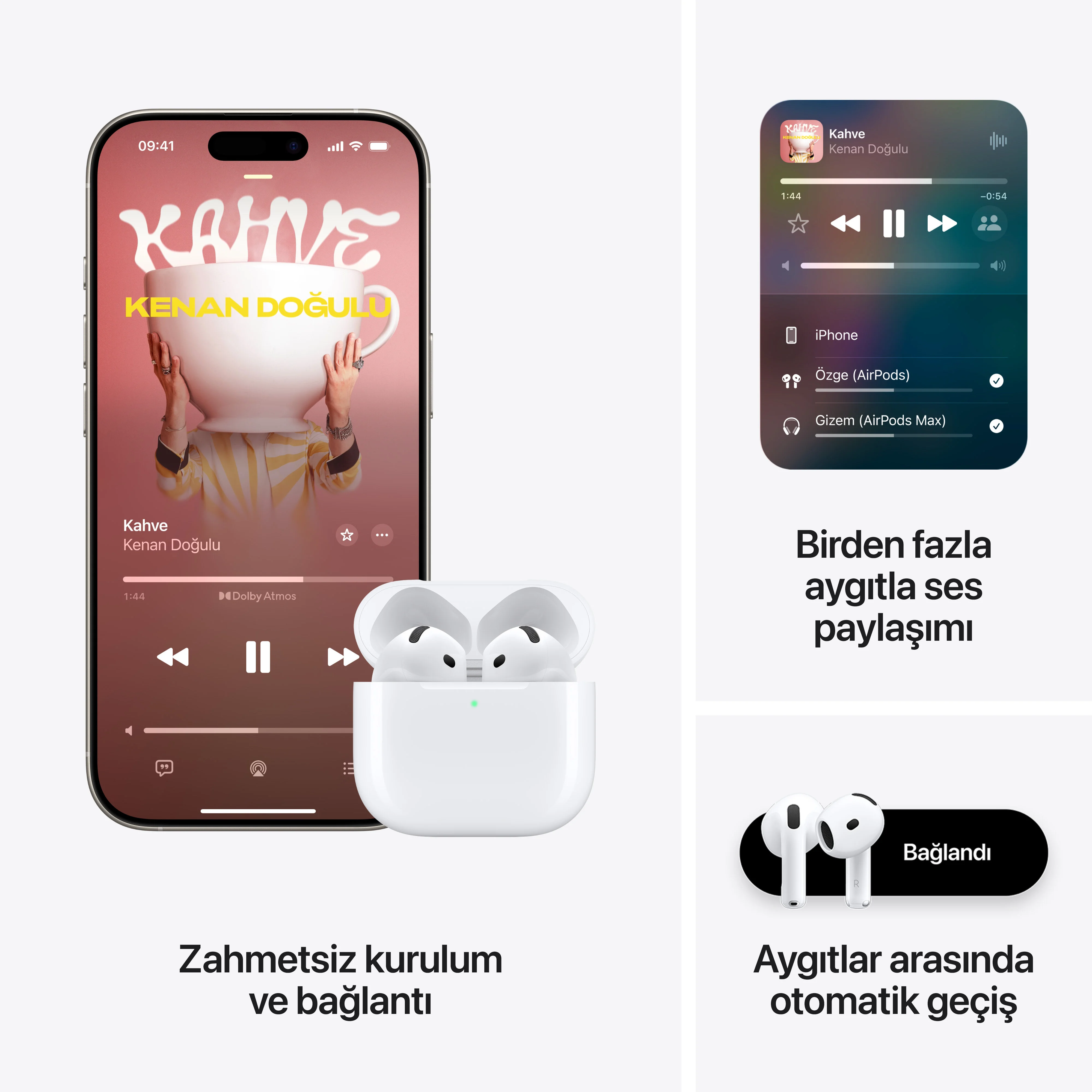 Müzik uygulamalı telefon, AirPods ve AirPods Max.