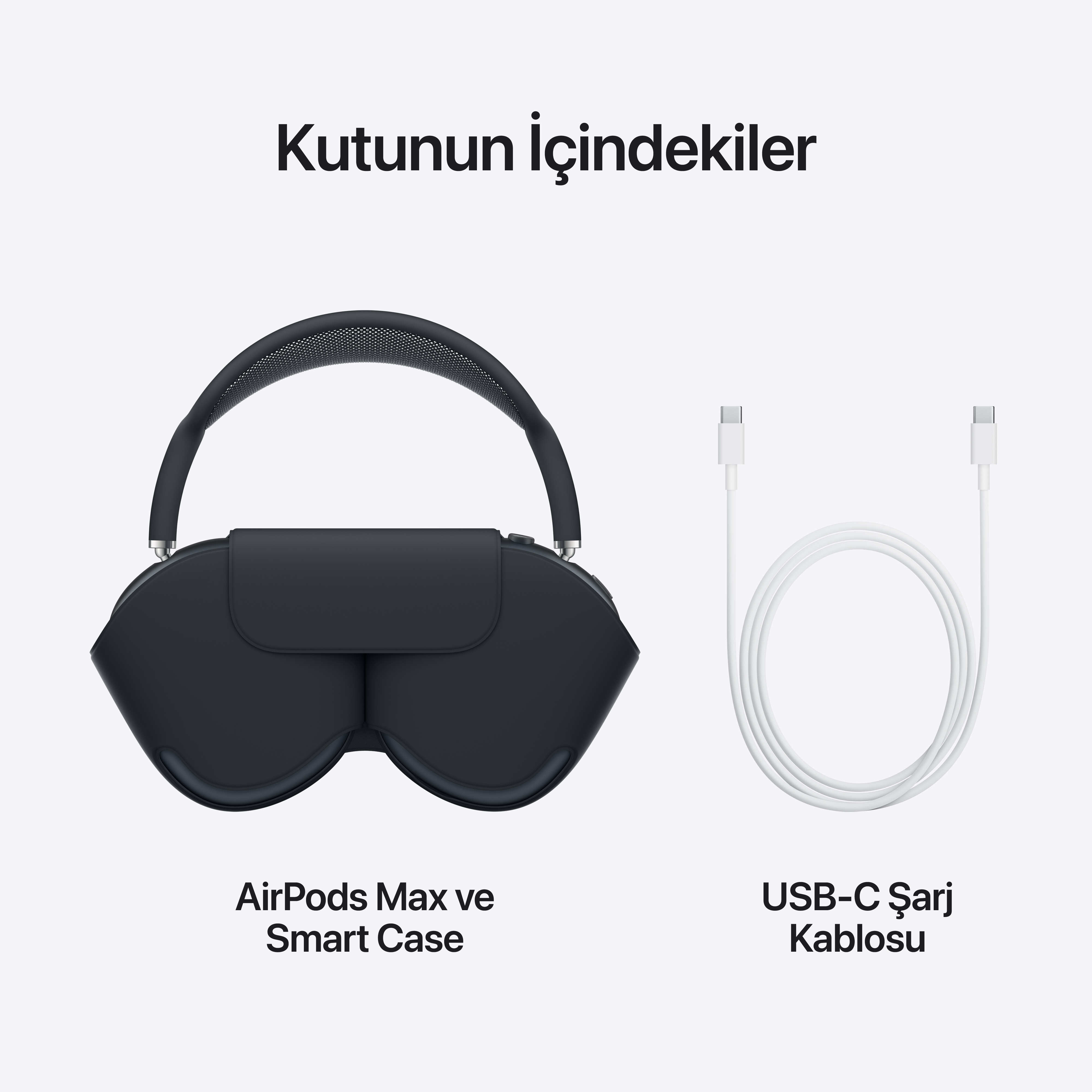 Siyah AirPods Max, akıllı kılıf ve beyaz bir USB-C şarj kablosu sergileniyor.