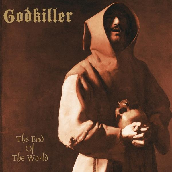 Albumcover mit Mönch mit Schädel, Text 'The End of The World'.