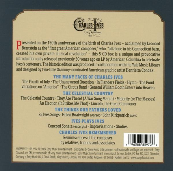 Rückseite einer CD-Hülle mit Text über Charles Ives, einschließlich Songtiteln und Copyright-Informationen.
