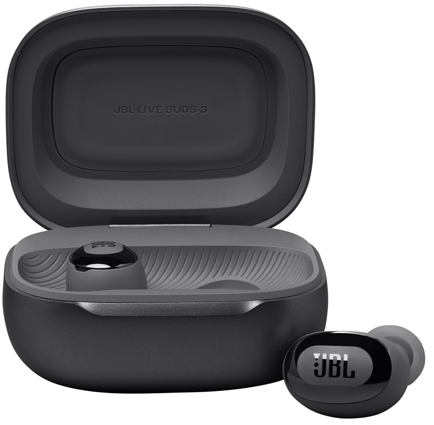 Czarne słuchawki w etui ładującym z napisem JBL LIVE BUDS 3.