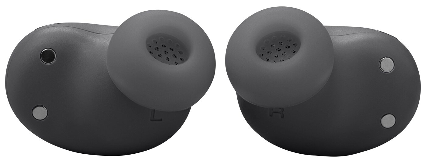 Dwa ciemnoszare słuchawki, zbliżenie. Każda ma końcówkę douszną i mały otwór. Widoczne litery „L” i „R”.