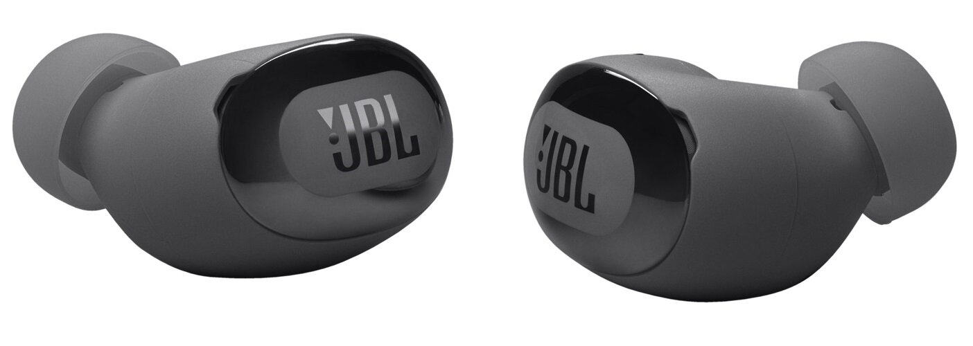 Dwa szare słuchawki JBL na białym tle, pokazujące logo JBL.