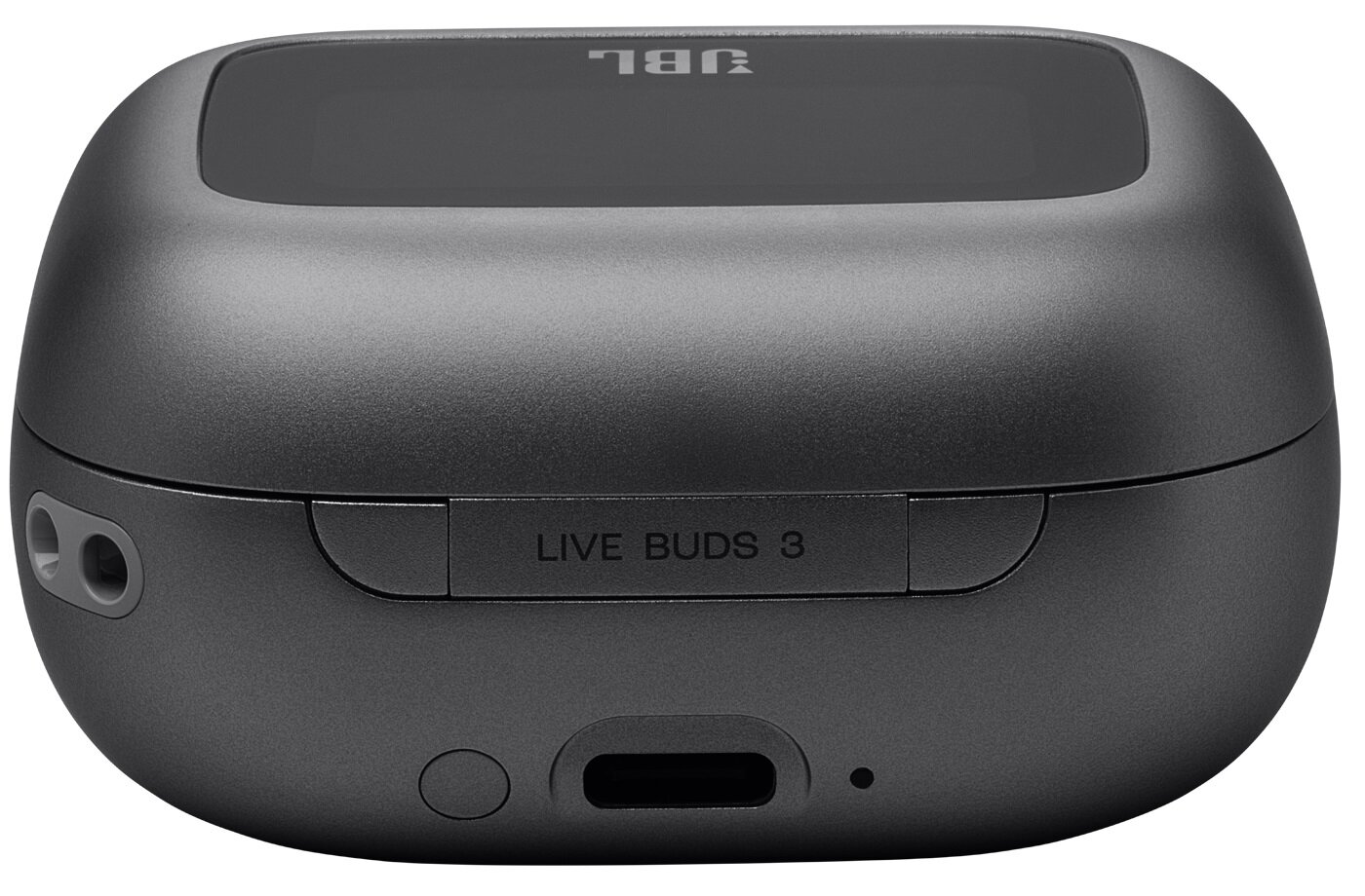 Ciemnoszara obudowa ładująca JBL Live Buds 3 z logo JBL u góry.