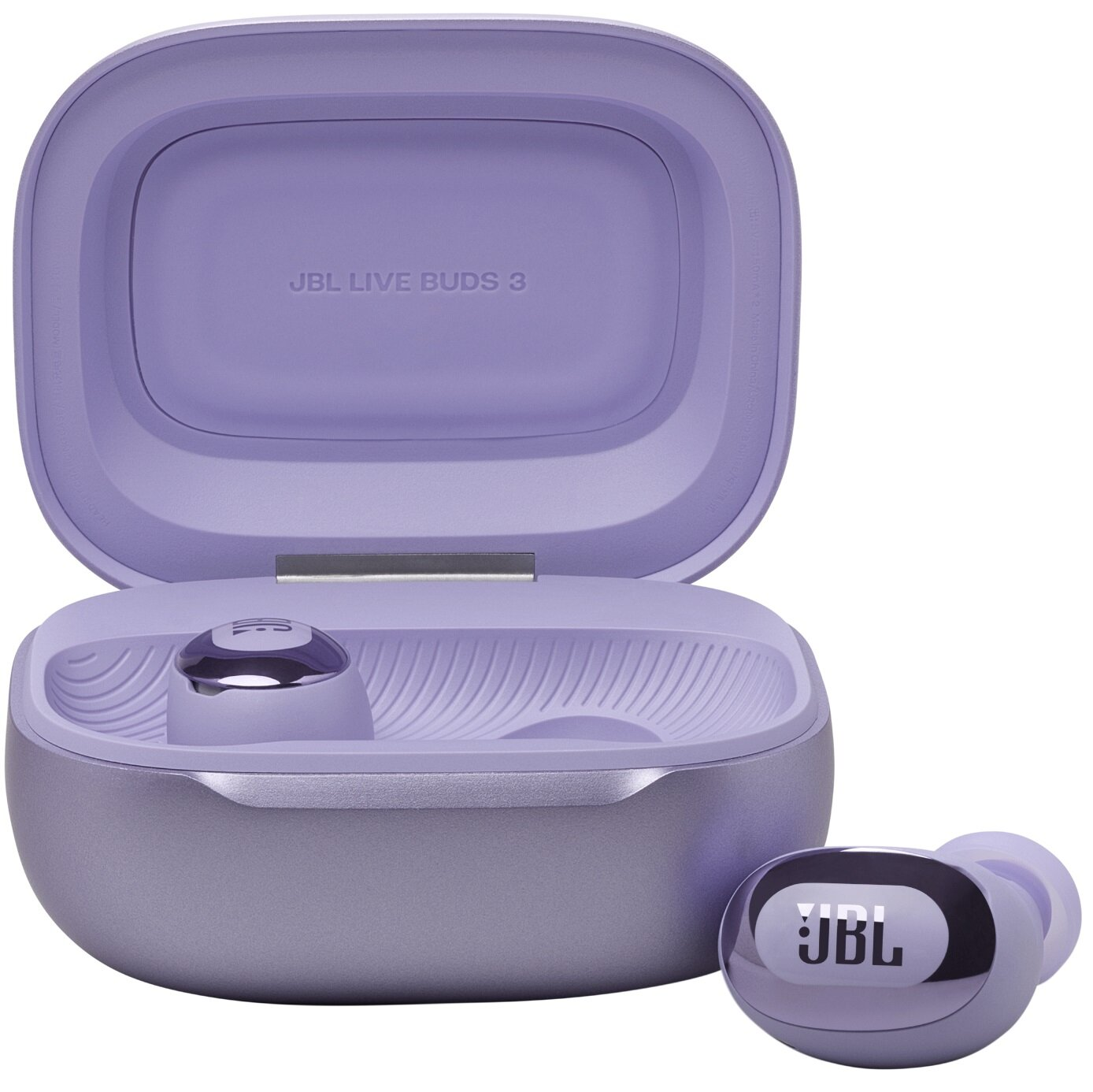 Fioletowe słuchawki JBL i etui ładujące. Etui jest otwarte, pokazując słuchawkę w środku.