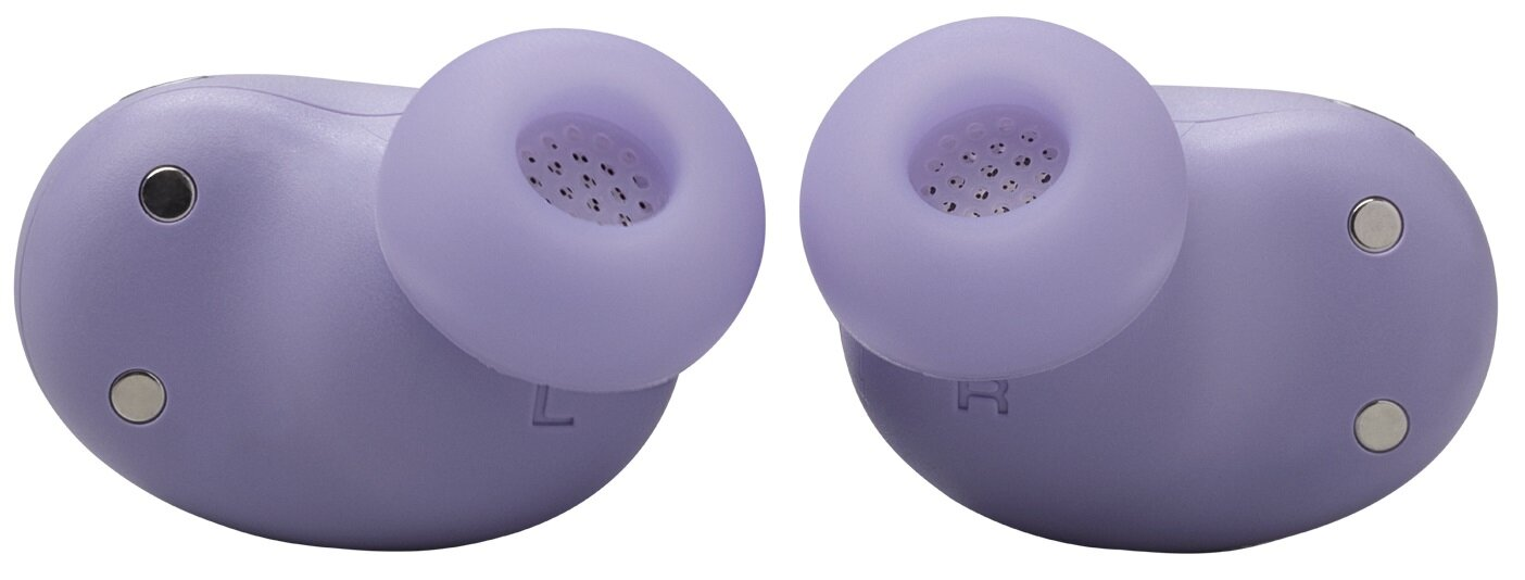 Dwie fioletowe bezprzewodowe słuchawki. Lewa słuchawka oznaczona 'L', prawa 'R'.