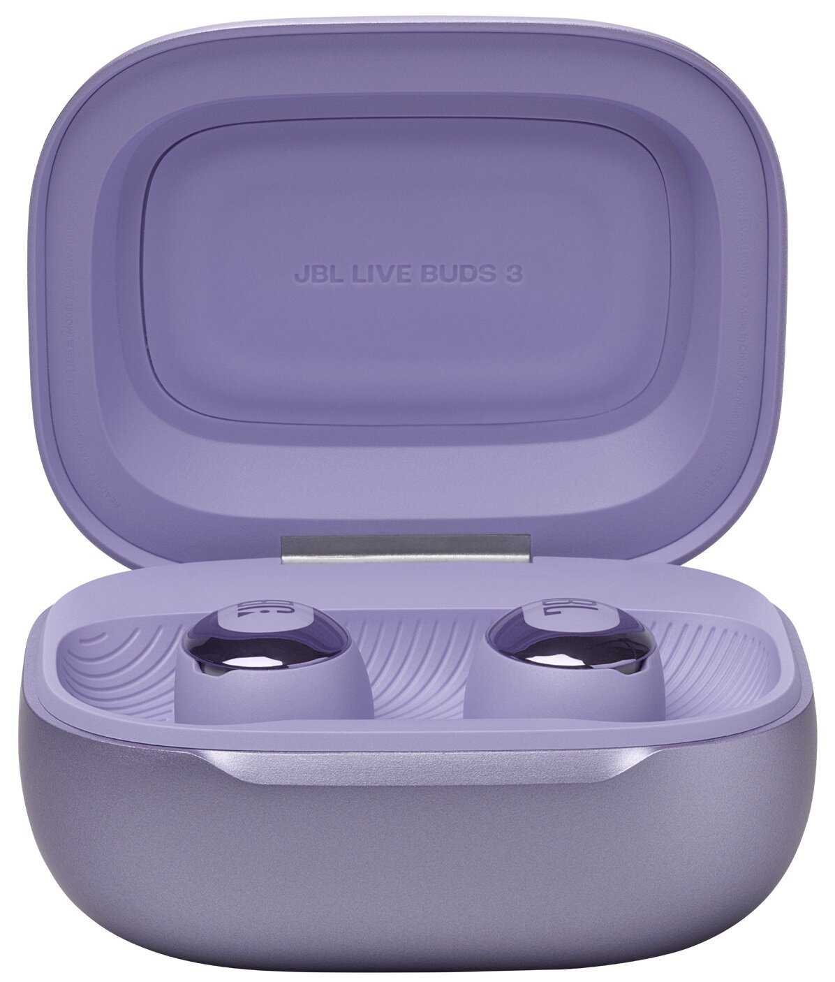 Fioletowe etui ładujące JBL Live Buds 3 ze słuchawkami w środku i tekstem na górze.