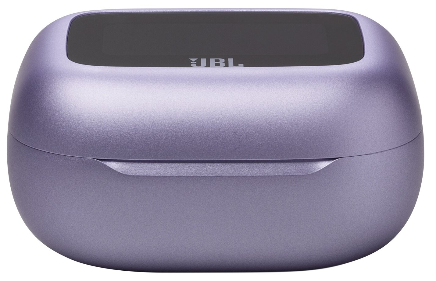 Fioletowe etui ładujące JBL do słuchawek. Jest owalne i ma nazwę marki.