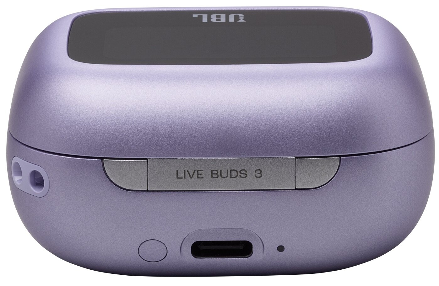 Fioletowe etui ładujące słuchawek JBL z napisem 'LIVE BUDS 3'.