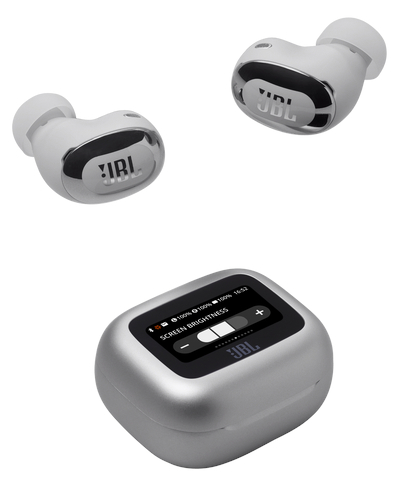 Białe słuchawki JBL i etui ładujące.