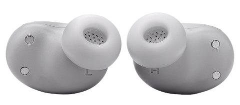 Dwa szare bezprzewodowe słuchawki douszne, widok z boku, blisko siebie.