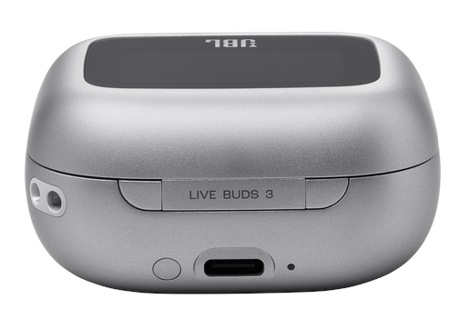 Srebrne etui ładujące JBL Live Buds 3 z napisem "LIVE BUDS 3".