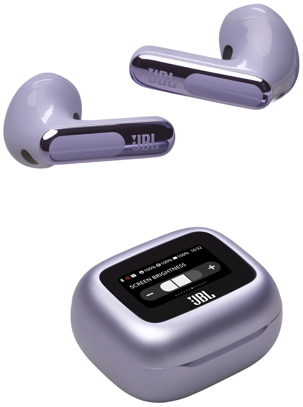Lawendowe słuchawki JBL i ich etui ładujące. Etui wyświetla kontrolę jasności ekranu.