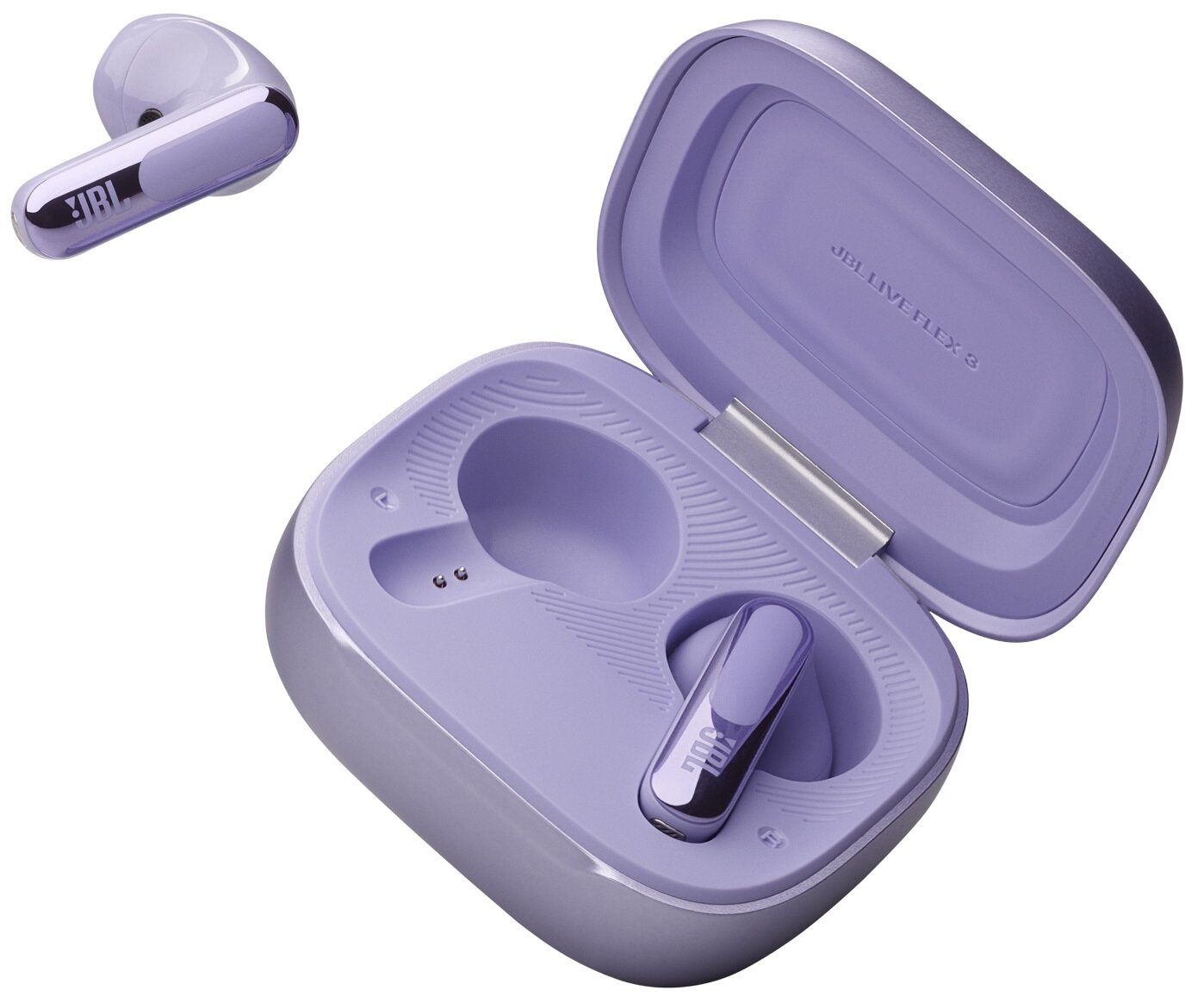 Fioletowe słuchawki JBL w otwartym etui ładującym. Jedna słuchawka osobno.