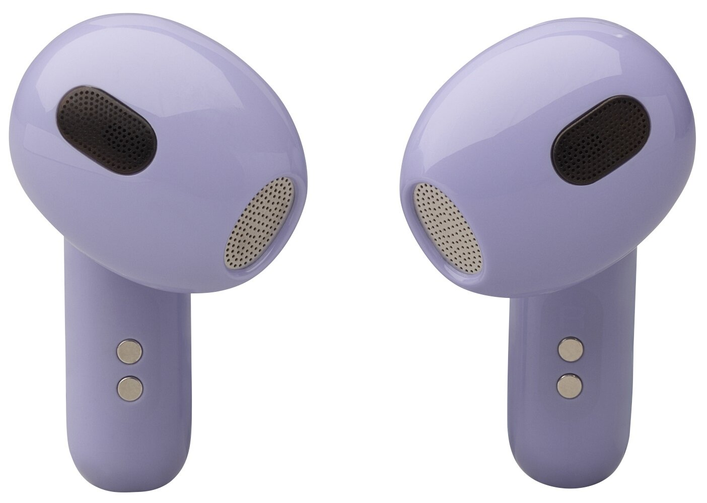 Dwa fioletowe bezprzewodowe słuchawki z czarną siatką na białym tle.