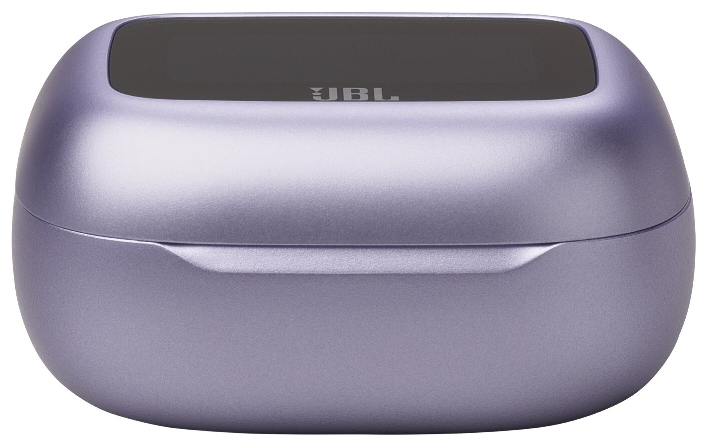 Fioletowe etui ładujące JBL. Góra jest ciemnoszara, a etui owalne.