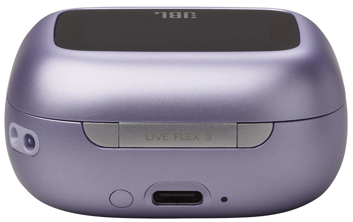 Zbliżenie fioletowego etui na słuchawki z logo JBL i tekstem 'LIVE FLEX 3'. Posiada port ładowania.