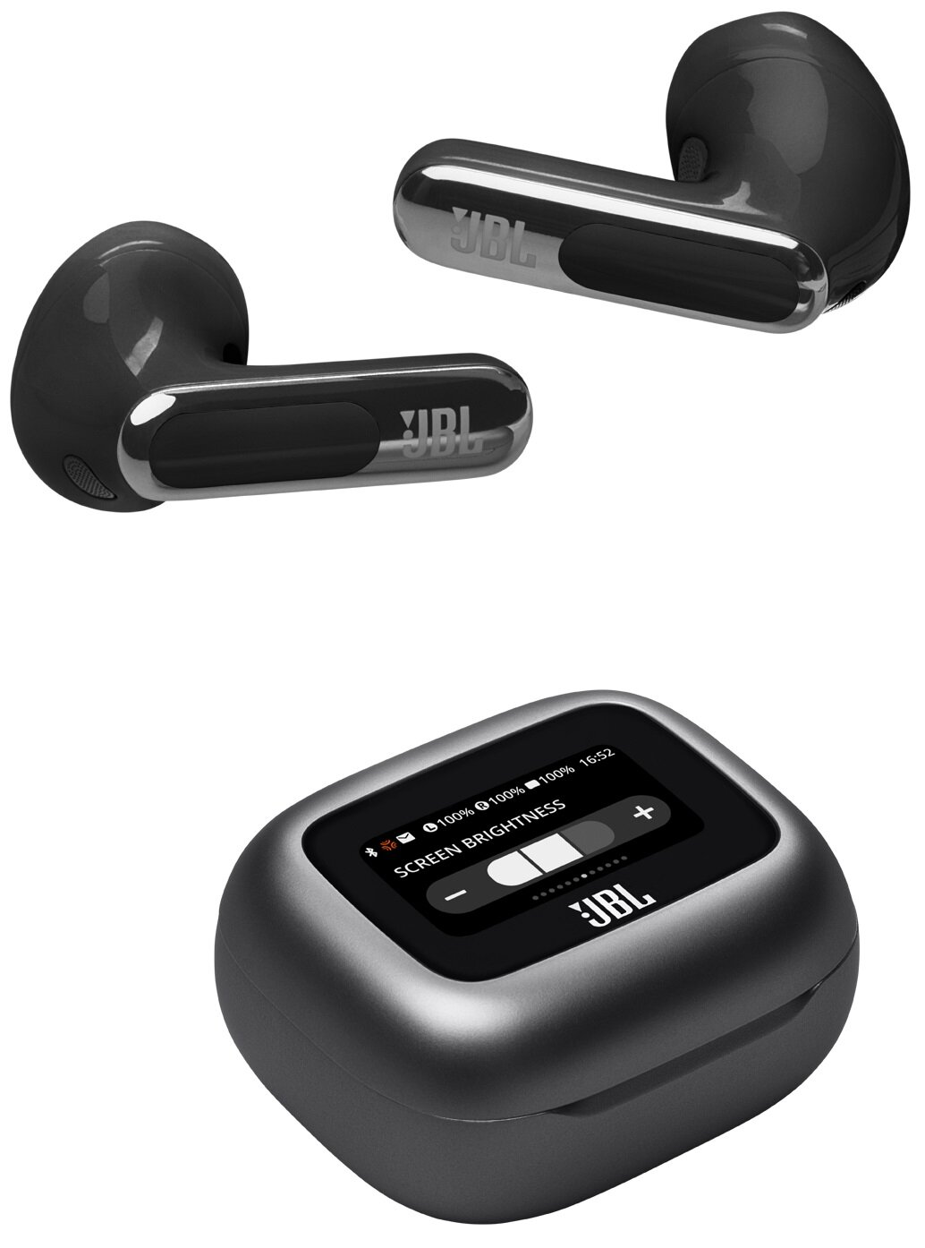 Dwa szare słuchawki i etui ładujące. Etui ma wyświetlacz pokazujący jasność ekranu.