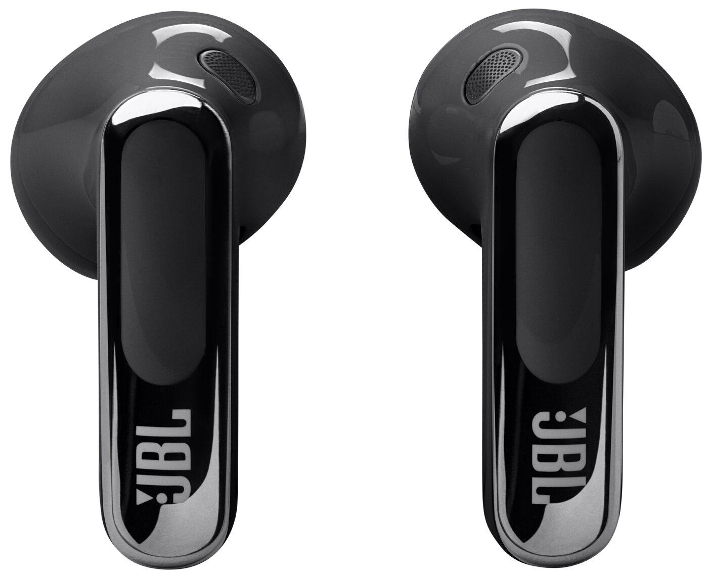 Dwa czarne słuchawki JBL. Nazwa marki jest widoczna na obu słuchawkach.