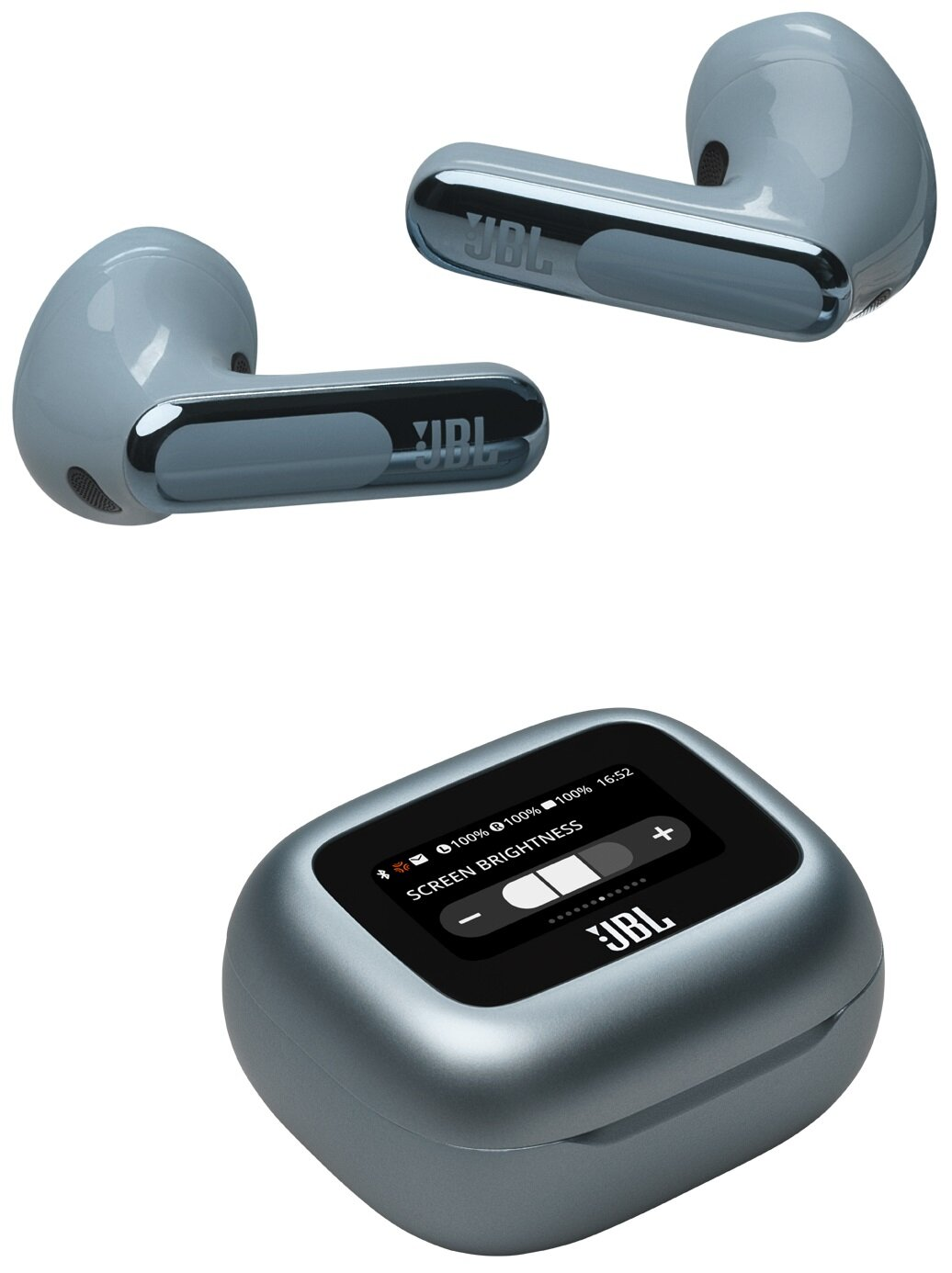 Dwa szare słuchawki JBL i etui ładujące z ekranem, wszystko na białym tle. Etui pokazuje jasność ekranu.