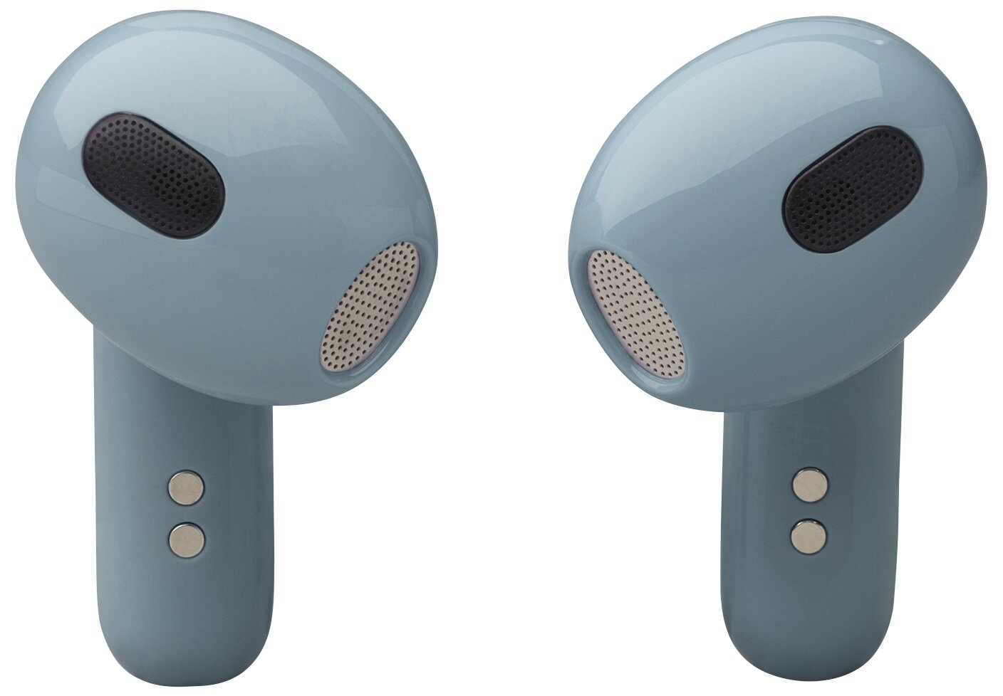 Dwa niebieskie bezprzewodowe słuchawki z czarną siateczką i srebrnymi przyciskami.