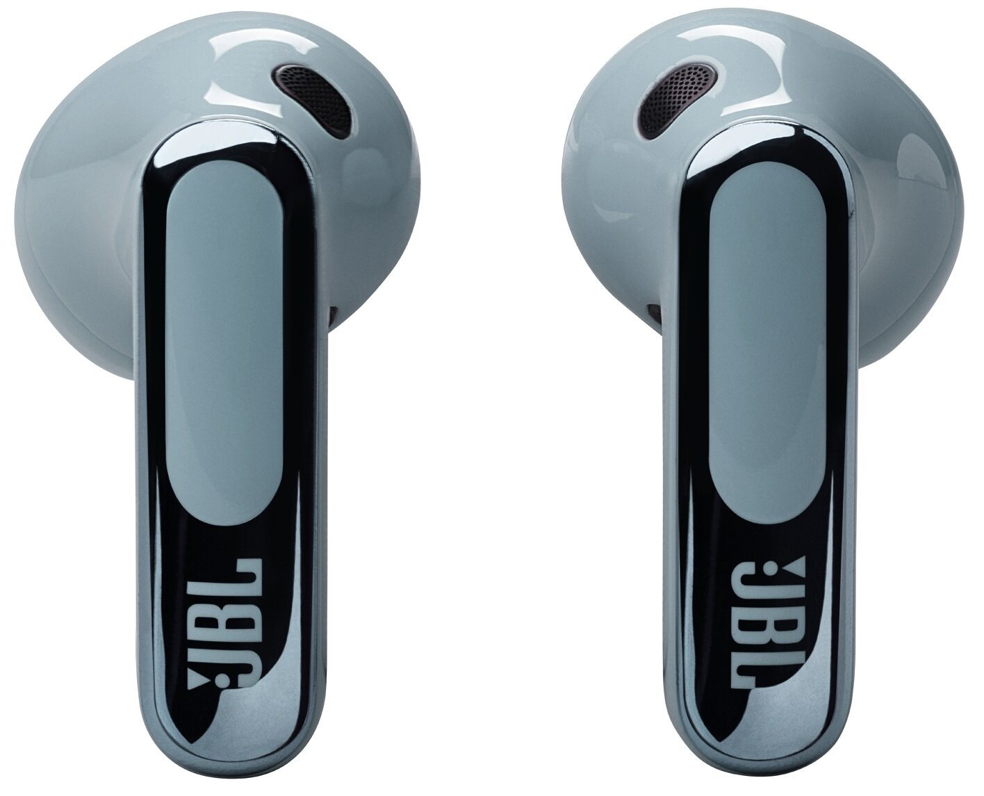 Dwa jasnoniebieskie słuchawki douszne z metalicznymi detalami, białe tło.