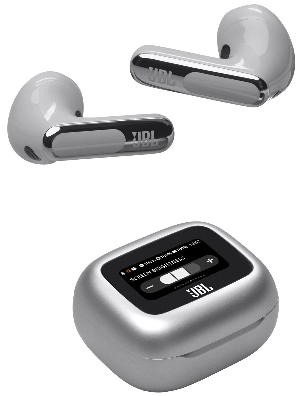 Słuchawki i etui ładujące, z ekranem pokazującym kontrolę jasności.