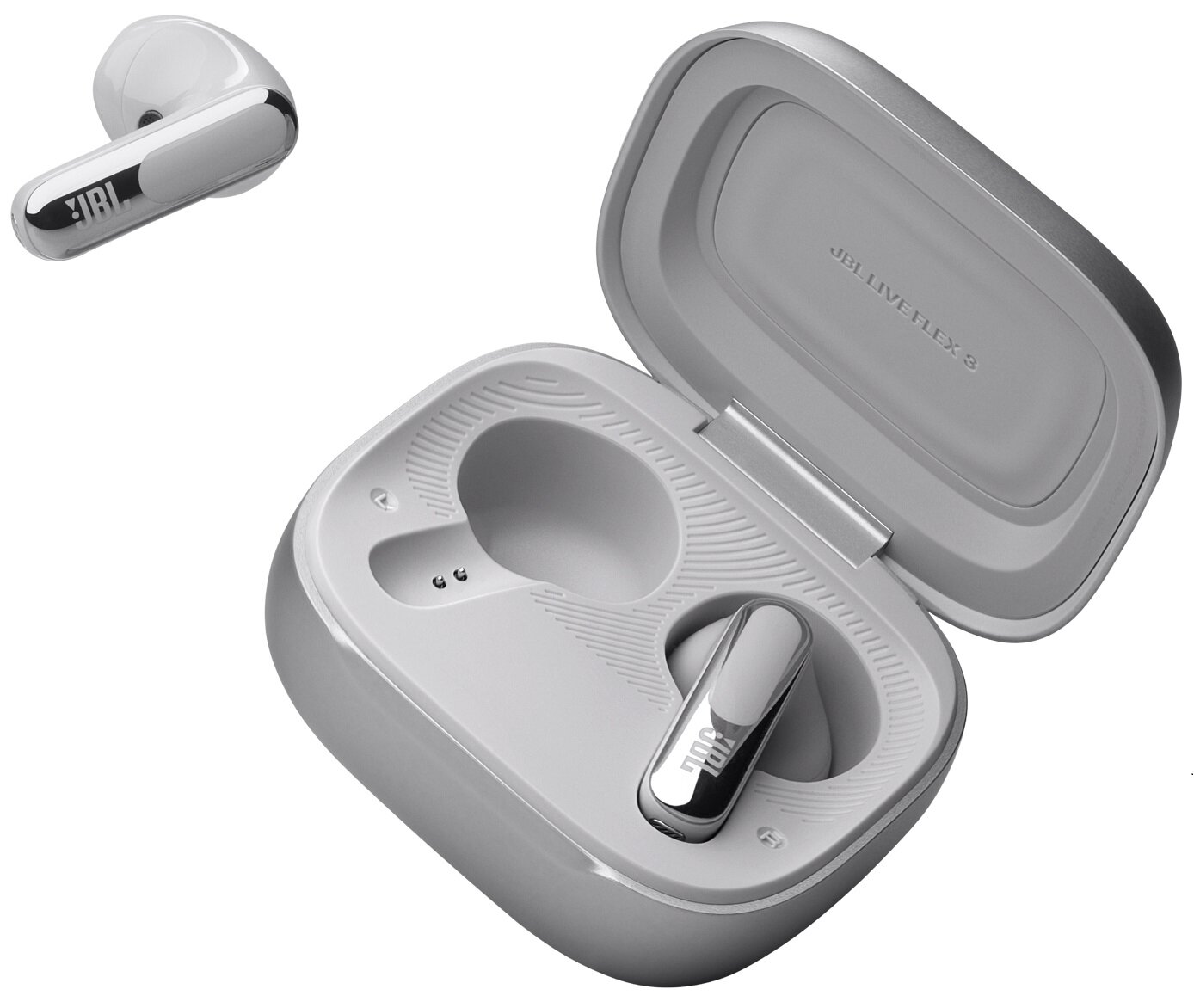 Białe słuchawki JBL i etui ładujące, jedna słuchawka poza etui.