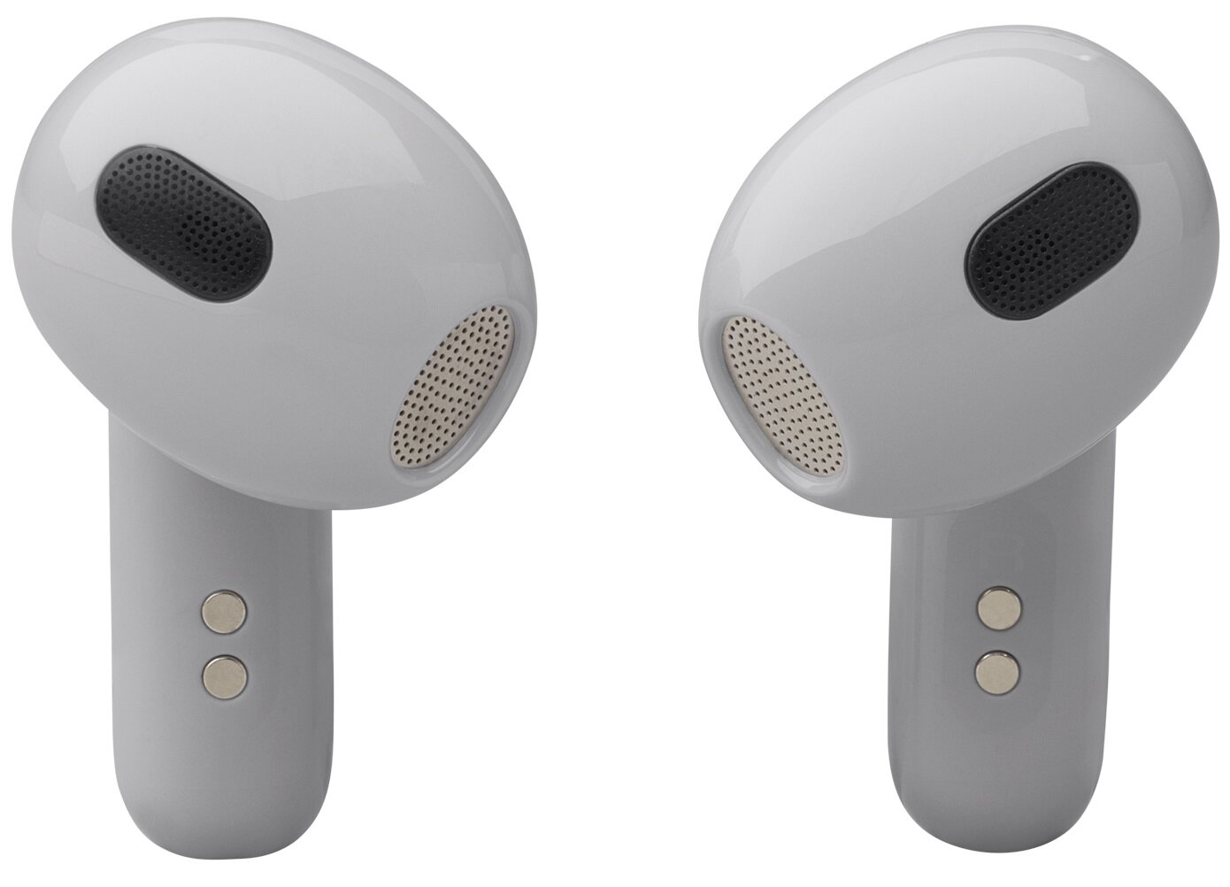 Dwie jasnoszare słuchawki z czarnymi otworami z siatki. Każda ma mały, srebrny przycisk.