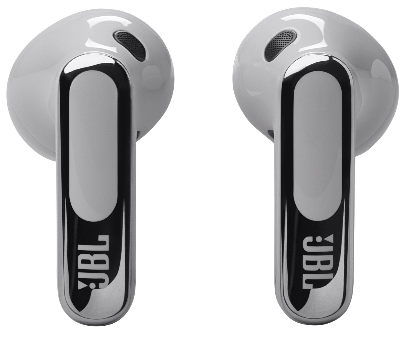 Dwa białe słuchawki JBL ze srebrnymi akcentami, skierowane w stronę widza.