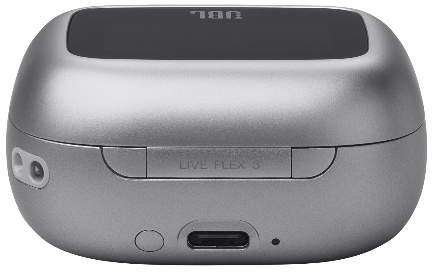 Srebrne etui ładujące słuchawki JBL, zamknięte.