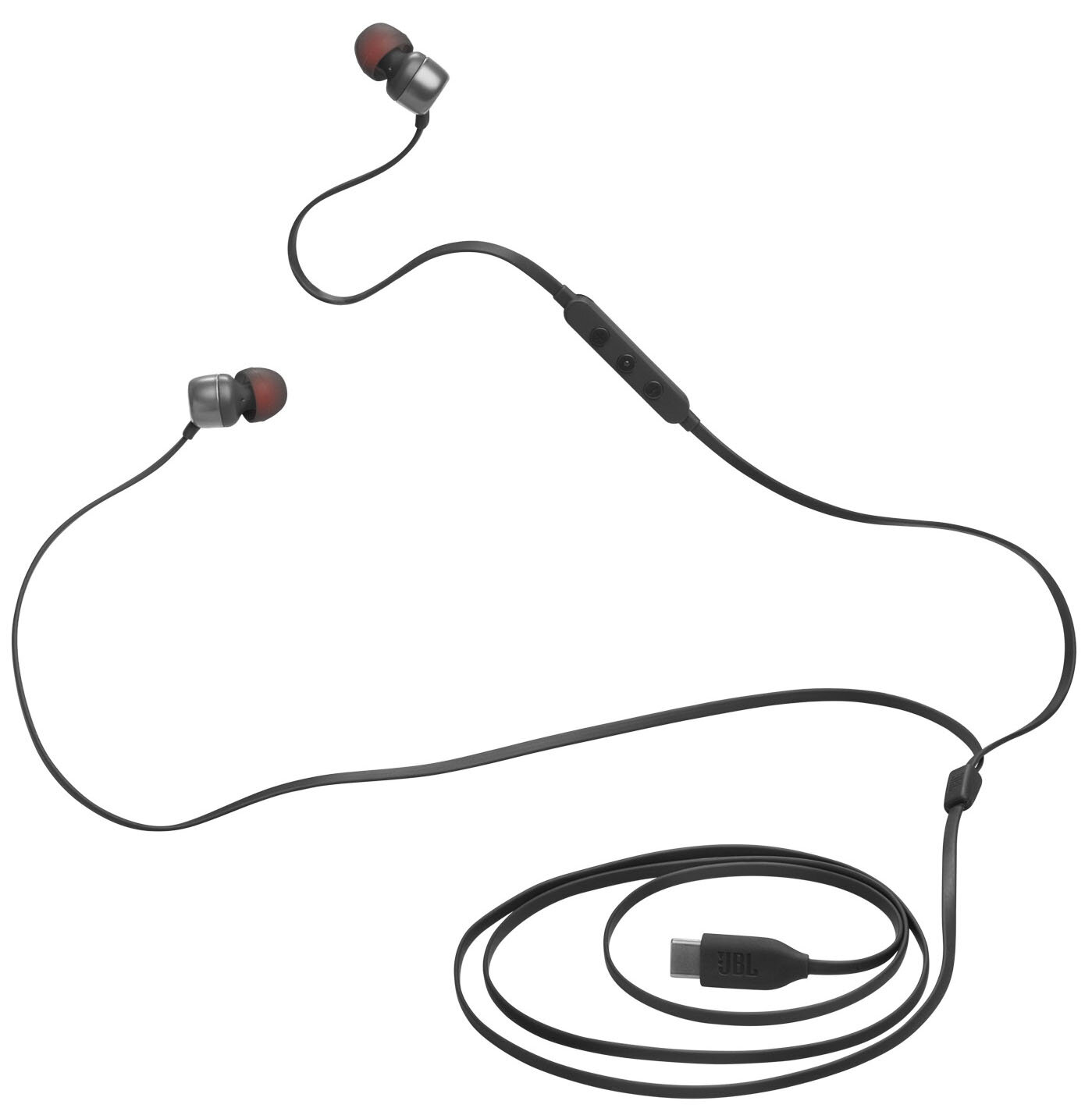 Czarne słuchawki JBL z kablem i złączem USB-C. Słuchawki mają czerwone i szare akcenty.