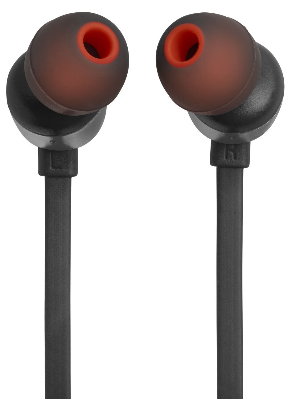 Dwa czarne słuchawki douszne z pomarańczowymi końcówkami dousznymi, kable skierowane w dół.