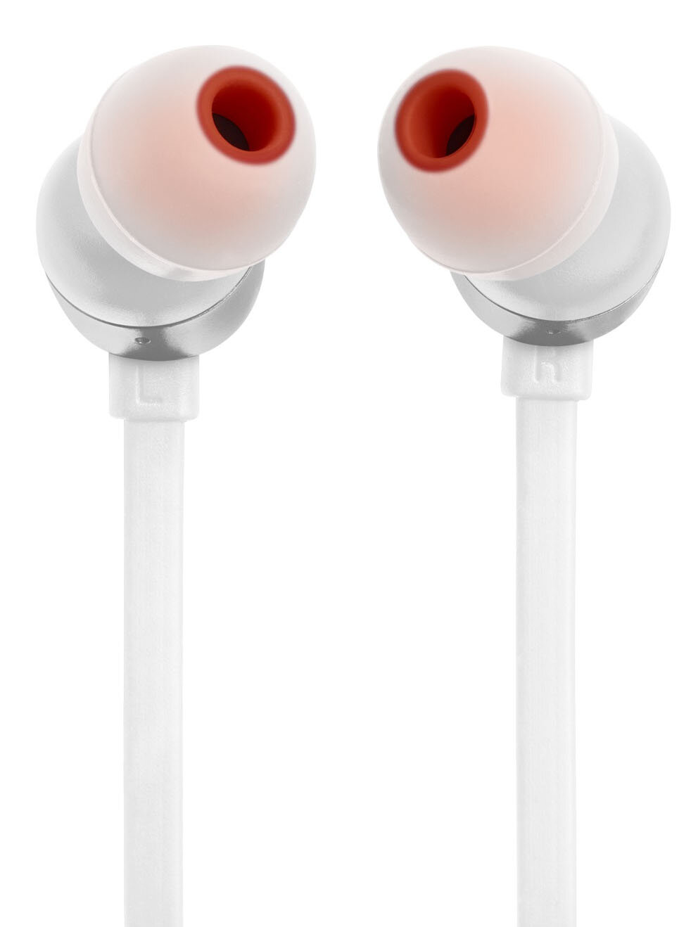 Białe słuchawki z pomarańczowymi końcówkami i białym kablem na białym tle.