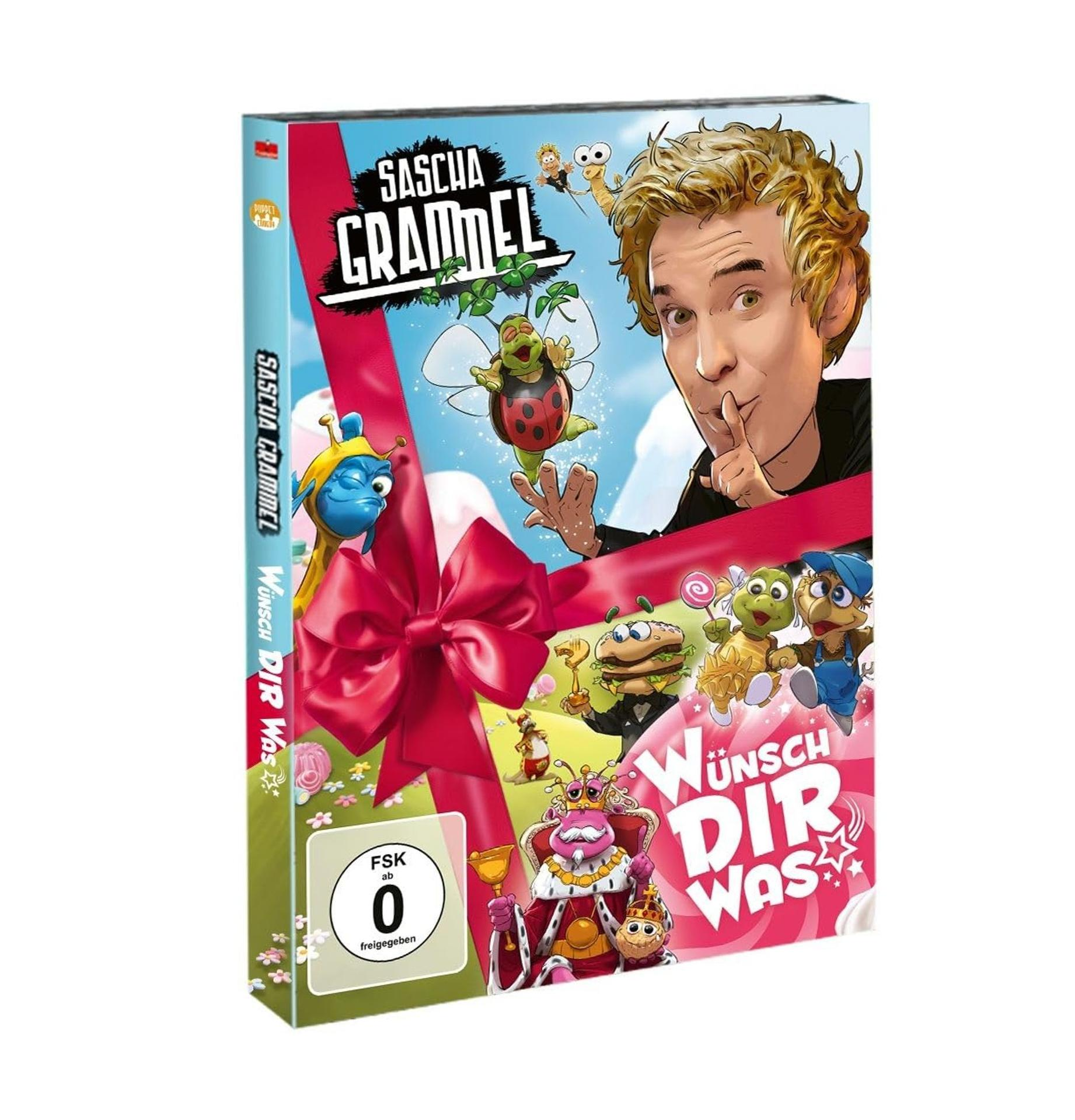 DVD-Hülle eines Zeichentrickfilms. Ein Mann zischt mit animierten Figuren und einer roten Schleife.