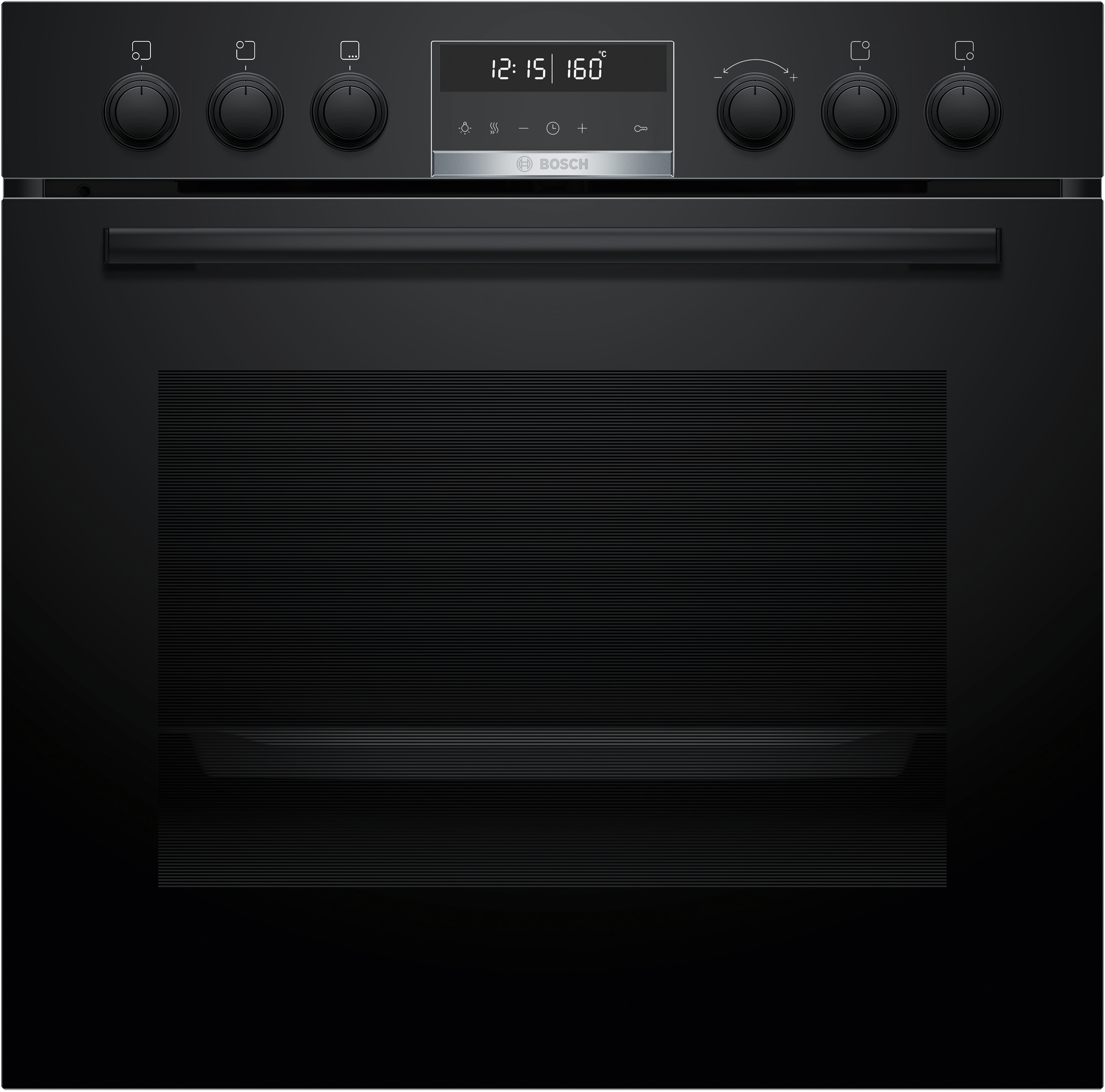 Schwarzer Backofen mit Knöpfen, Digitalanzeige für Zeit und Temperatur, und Bosch-Logo.