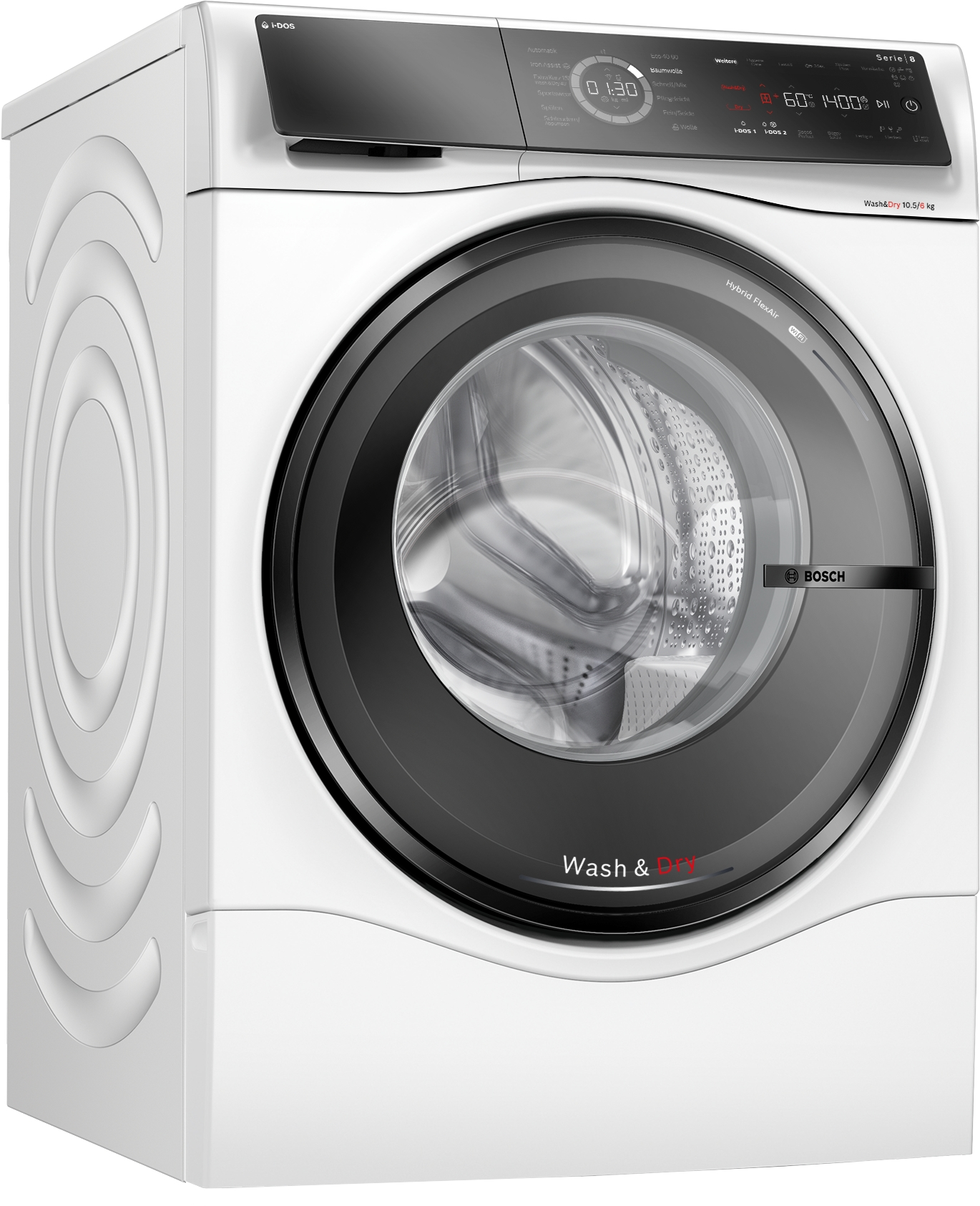 Eine weiße Bosch Waschmaschine mit schwarzer Tür. Sie hat ein digitales Display und ein Bedienfeld. Das Modell ist Wash & Dry.